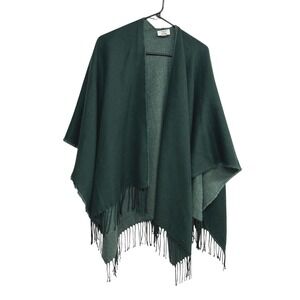 David & Young Fringe Poncho Wrap OS Dark Green Cozy Boho Minimalist Quiet Luxury